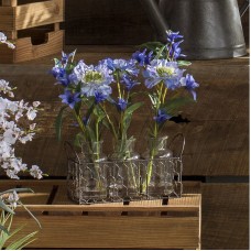 Laurel Foundry Modern Farmhouse Scabiosa and Spike Flowers in Glass Milk Bottles in Wire Holder LRFY1567
